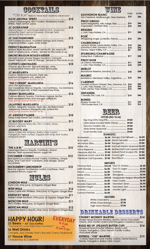 Menu John Cutter Tavern